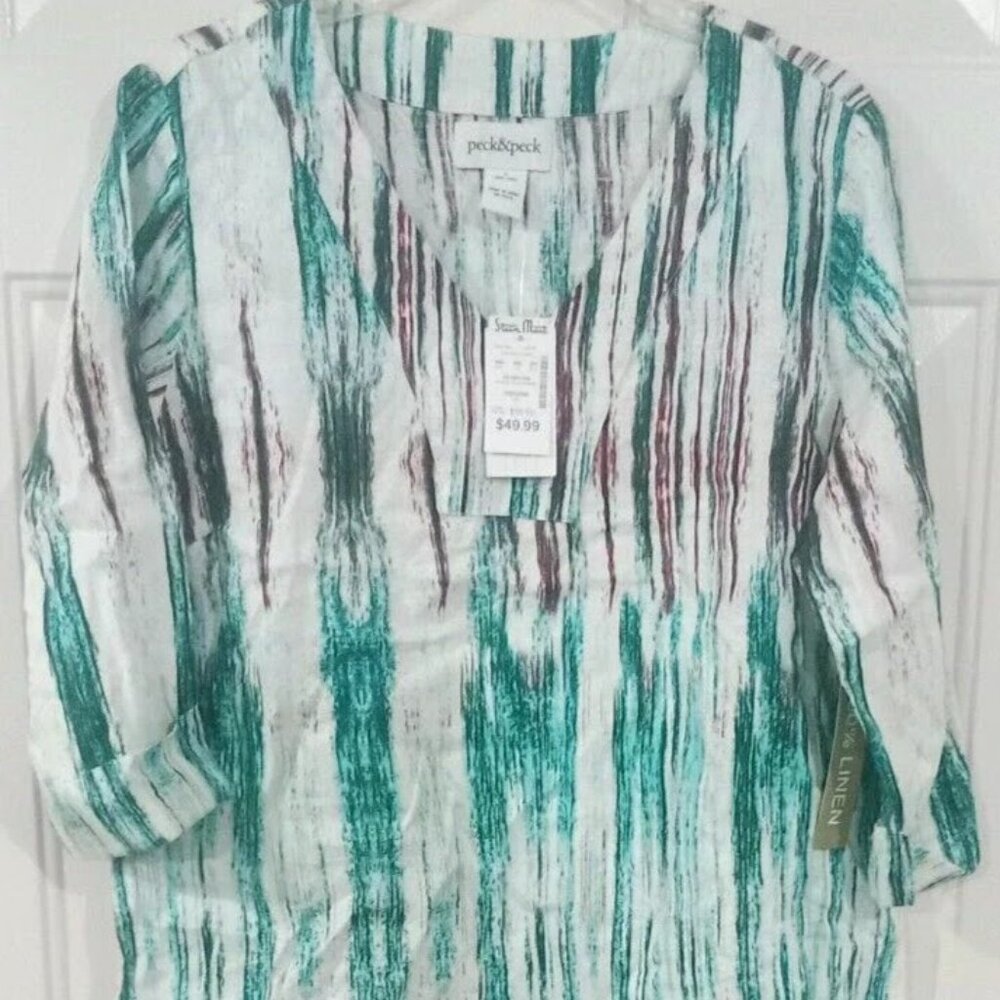 Peck & Peck Dress Size Large Artsy Linen Shift Teal White Purple V-Neck
